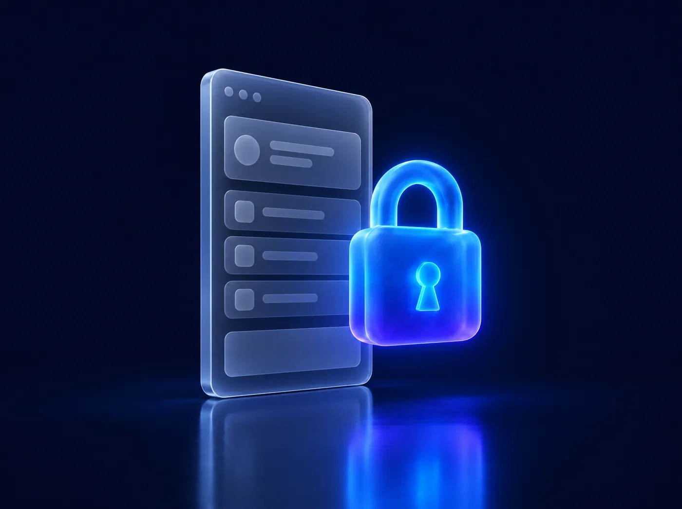 A glass app screen behind a softly glowing padlock made of light